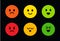 Multi-colored round cute faces with different facial expressions. Icons of face with different moods from evil to good