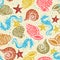 Multi-colored  seahorse, starfish and seashell seamless pattern background