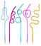 Multi-colored semi-transparent in many shapes straw. Drinking straws in the colors blue, purple, pink, yellow