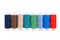 Multi-colored sewing reels stand in a row on a white background, isolated