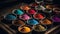 Multi colored spice powder paint in a bowl, vibrant Indian culture generated by AI
