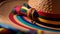 Multi colored traditional Mexican sombrero on yellow rug generated by AI