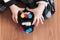 Multi-colored velcro designer in children`s hands