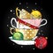 A multi-colored vintage cups with Christmas balls. Vector illustration for a postcard or a poster.