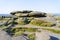 Multi-coloured gritstone boulders on Stanage Edge