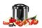 Multi Cooker and bunch of fresh vegetables , realistic 3d vector composition with image of crock pot electric appliance for