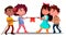 Multi-Ethnic Boys And Girls Pull The Rope In Team Game Vector. Isolated Illustration
