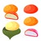 Multi-flavoured Japanese Mochi sweet dessert. Flat Vector illustration with Healthy sweet snack. For banner, poster