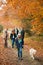 Multi-Generation Family Walking With Pet Golden Retriever Dog Along Autumn Woodland Path