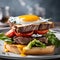 Multi-layer sandwich with fried eggs and beef steak, fried tomatoes .