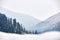 Multi layered mountain winter landscape. Slopes and evergreen woods covered with snow. Snowy pine and fir tree forest