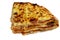 Multi-layers baked pizza cake, consists of layers of salami, barbeque chicken, cheese mix, beef, sausage, mozzarella cheese, baked