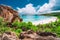 Multi panorama view of most spectacular tropical beach Grande Anse on La Digue Island, Seychelles. Vacation holidays