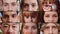 Multi screen diverse collage of men, women, children eyes close-up, smiling face, looking at camera