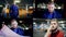 Multi-shot, collage, portrait of a bearded young man in a blue business suit, he is walking in the Parking lot, holding