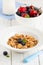 Multi-slag flakes for breakfast with berries and milk, muesli, c