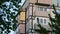 Multi-storey residential building with colored panels on balconies