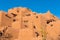 Multi-story pueblo style adobe building in Santa Fe, New Mexico