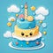 multi-tiered cake with candle on top for birthday party, stars on blue background. Cute illustration.