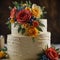 A Multi-Tiered Wedding Cake Adorned with Various Flowers.