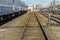 Multi-track railway line near the loading station. View of the railway track. Transportation of goods, grain and passengers by
