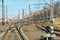 Multi-track railway line near the loading station. View of the railway track. Transportation of goods, grain and passengers by