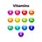 Multi Vitamin complex icons set. Multivitamin supplement, Vitamin A,B1, B2, B3, B5, B6, B9, B12, C, D, E, K, vector illustration.