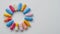 Multi vitamin The image displays a colorful assortment of assorted vitamin supplements arranged in a circular pattern