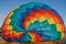 A multicolor balloon is filled with hot air in a car park. Rainbow colors and pride flag. Diversity and freedom