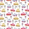 Multicolor bright seamless pattern of traffic cars and road signs. Design for T-shirt, textile and prints.