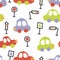 Multicolor bright summer seamless pattern of traffic cars and road signs. Design for T-shirt, textile and prints. Hand drawn