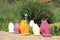 Multicolor cat statues in garden