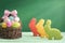 Multicolor Easter eggs and bunny shaped cookies