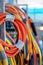 Multicolor electric industrial wires closeup, outdoors