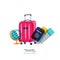 Multicolor globe, luggage suitcase, passport and airplane tickets. Vector doodle isolated illustration.