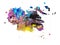 Multicolor, halftone spotted ink splash , splatter design element, isolated background