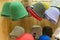 Multicolor hats for bath. Headgear for a sauna, for sale in a store