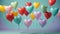 Multicolor heart shaped balloons floating against colored background