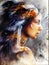 multicolor Illustration, Beautiful mystic painting of a young indian woman with feather headdress profile portrait