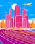 Multicolor Infrastructure illustration. Wide highway. Modern colorful town. Traffic lights. Business tower. Car overpass, urban sc
