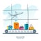 Multicolor luggage, suitcase, bags on train in airport terminal. Vector hand drawn illustration.