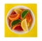 Multicolor marmalade in white bowl on yellow napkin isolated on whiteÑŽ Top view