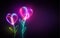 Multicolor neon light drawing, abstract heart shape flowers isolated on black background. Glowing line art.