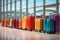 Multicolor packed suitcases on airport background. Travel concept