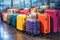 Multicolor packed suitcases on airport background. Travel concept