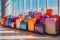 Multicolor packed suitcases on airport background. Travel concept
