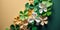 Multicolor paper clover leaves on light green background St. Patrick\\\'s Day, copy space generative AI