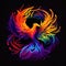 Multicolor phoenix with open wings with a black background