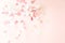 Multicolor pink, gold and white confetti falling on the pastel light pink background, holiday celebration backdrop