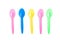 Multicolor plastic spoons on white background